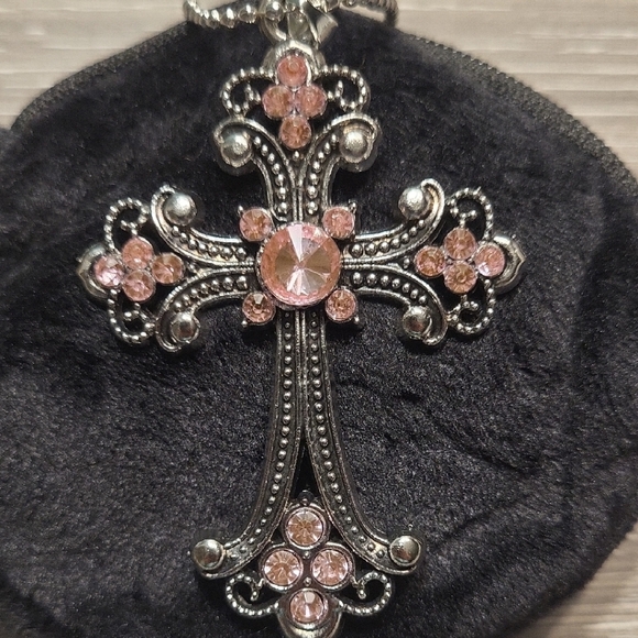 Pink Crystal Cross Pendant Necklace - Women Jewelry - Picture 4 of 5
